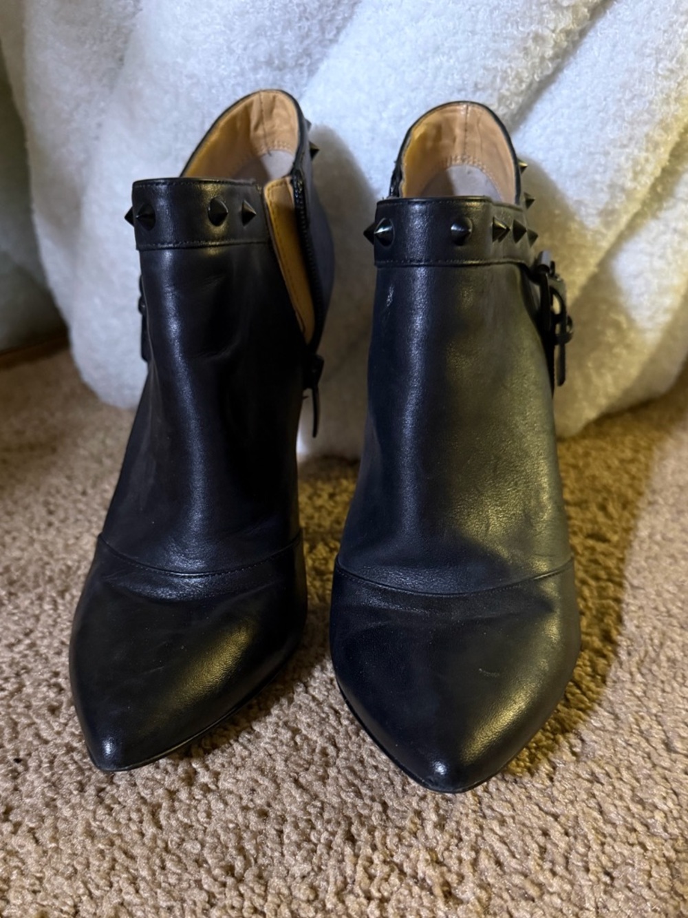 Enzo Angiolini Black Pointed Leather Ankle Booties with Stud Trim